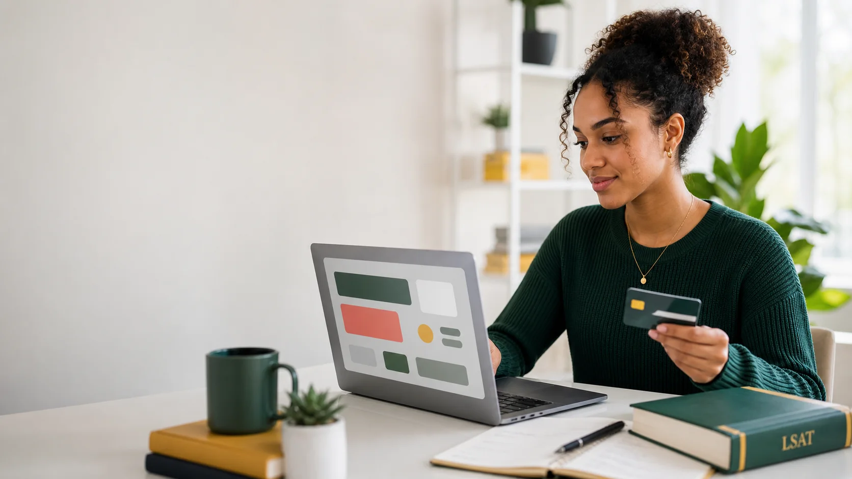 LSAT applicant reviewing secure payment options at home