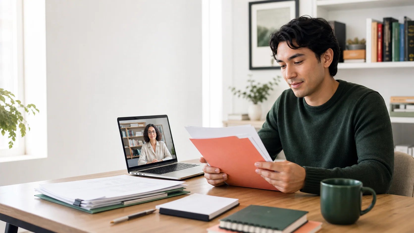 Law school applicant reviewing an accommodations documentation packet during a remote consultation with a licensed psychologist